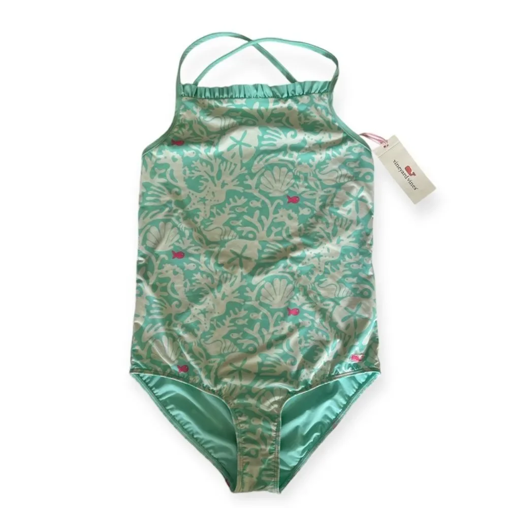 Vineyard Vines One Piece Bathing Suit Sealife Print Sz Large (14) NWT